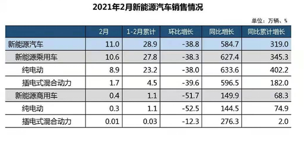 2021年新能源汽车2月销售情况